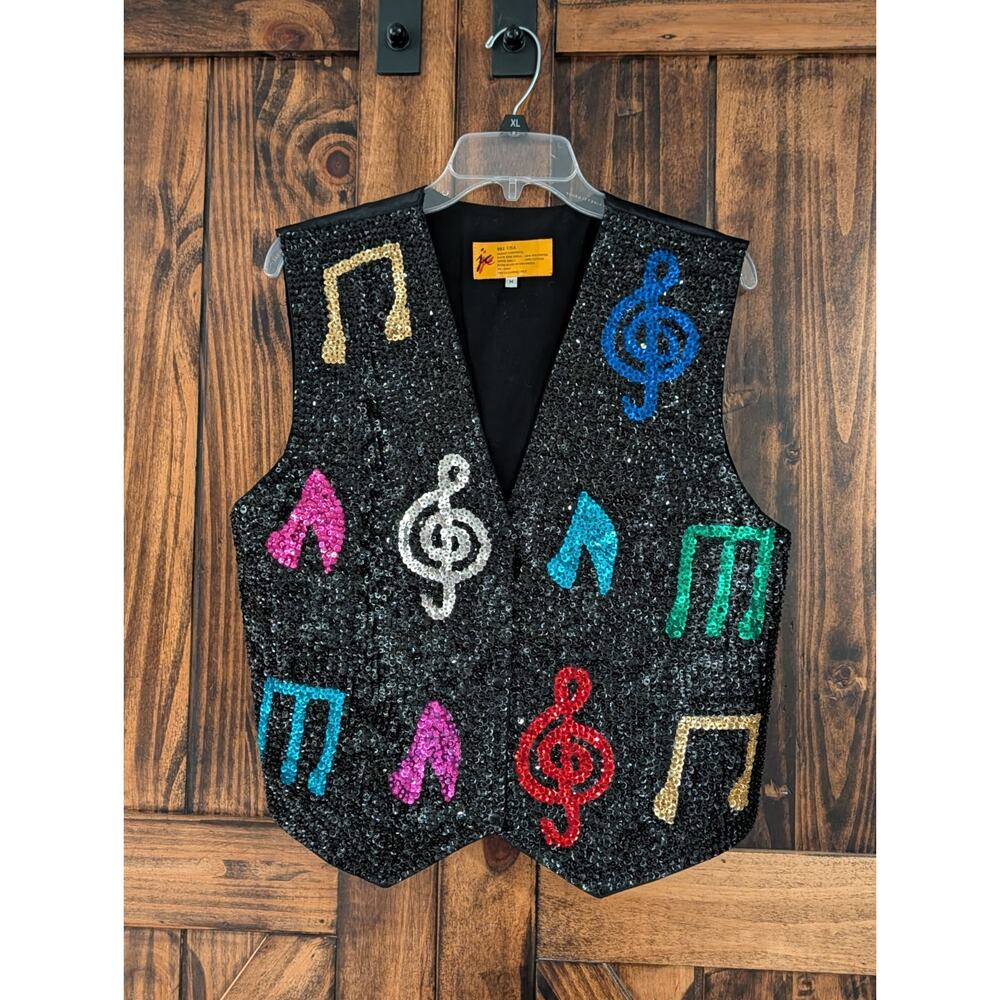 Vintage Womens M JC 001 USA Music Themed Handmade Sleeveless Sequin Snap Vest